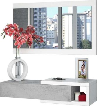 No Brand No Brand - Mueble Recibidor Noon Estilo Industrial en Color Blanco y Cemento con Espejo y Pequeño Hueco 95x19x26 cm