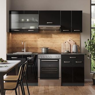 Vicco Mueble De Cocina R-line, Negro/antracita De Alto Brillo, 200 Cm Sin Encimera