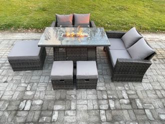 Fimous 7 Seater Rattan Garden Furniture Set Outdoor Lounge Sofa Chair Gas Fire Pit Dining Table Set With 3 Footstools Double Seat Sofa in Dark Grey