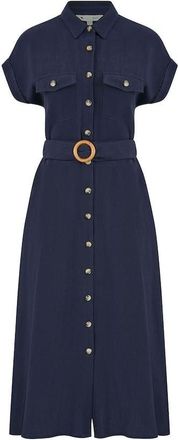 Yumi Navy Viscose Linen Look Midi Shirt Dress with Wooden Belt (UK, Numeric, 8, Regular, Regular, Navy)