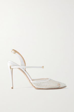 Jennifer Chamandi Décolleté Slingback In Raso E Mesh Con Cristalli Vittorio 105 - Bianco