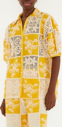 Farm Rio Lace Patchwork Cotton Button-Up Shirt in Off-White/Yellow at Nordstrom, Size X-Small