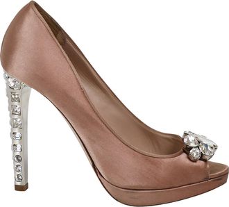 Miu Miu Pre-owned Womens Miu Miu Crystal Embellished Peep Toe Platform Pumps in Nude Satin - Size EU 38