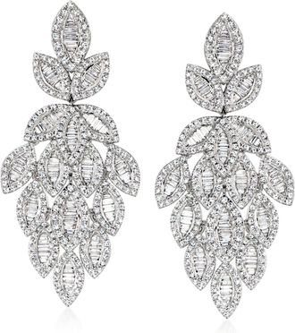 Ross-Simons Diamond Leaf Drop Earrings in 14kt White Gold