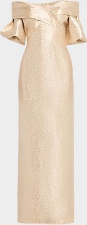 Teri Jon Off-Shoulder Metallic Jacquard Column Gown