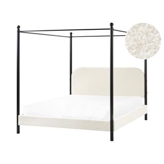 Beliani Cama Con Dosel De Metal Negro Retro Minimalista Somier De Listones Madera De &Aacute;lamo Tapicer&iacute;a De Boucl&eacute; Blanco Crema 160 X 200 Cm Dannemois
