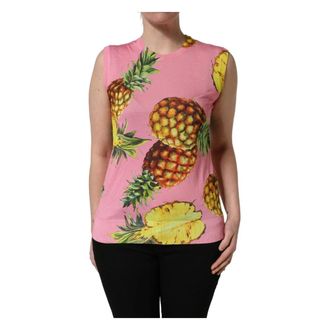 Dolce & Gabbana Sleeveless Tops, female, Pink, Size: L Pineapple Roundneck Sleeveless Tank Top