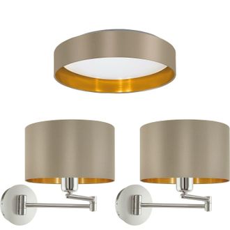 Loops Low Ceiling Light & 2x Matching Wall Lights Taupe & Gold Round Diffused Lamp