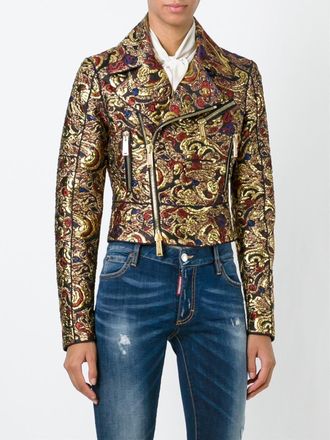 Dsquared2 2 Metallic Gold Brocade Biker Jacket Size S