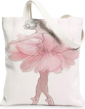 Generic Floral Ballerina Canvas Tote Bags, Dance Flower Design Reusable Grocery Bags, Spring Vintage Chic Washable Shoulder Strap F, Peach, 13x15 Inch