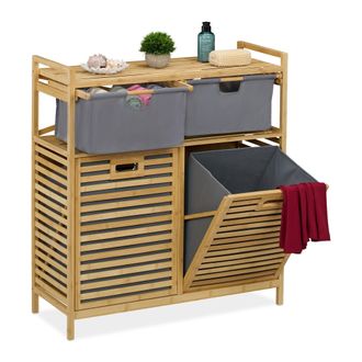 Relaxdays Estanter&iacute;a Ba&ntilde;o Con 2 Cestos Ropa Sucia, Basculante, 40 L, Balda Y 2 Cajones, Bamb&uacute;, 95x88x33 Cm, Natural/gris - Relaxdays