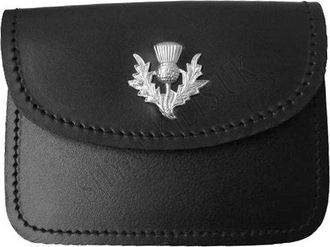Shyne Kilts U.K Mens Scottish Black Leather Kilt Belt Pouch Sporran with Thistle on Flap