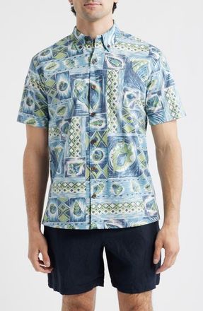 Kahala Kings Shells Short Sleeve Cotton Button-Down Shirt in Ocean Blue at Nordstrom, Size X-Large
