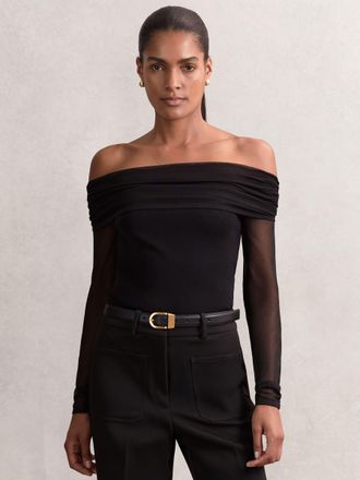 Reiss Black Sheer Mesh Bardot Top, XS