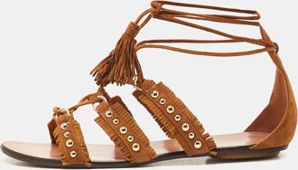 Aquazzura Brown Suede Studded Tulum Flat Sandals