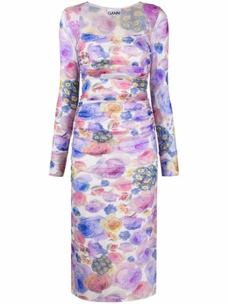 Ganni floral-print ruched dress - women - Polyamide/Polyamide/Elastane - 36 - Blue