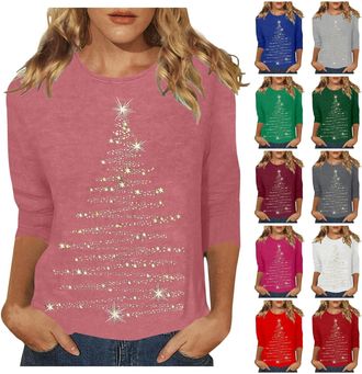 Generic Women Christmas Shirt Sparkly Tree Print Round Neck Pullover 34 Sleeve Casual Tunic Blouse Holiday Winter Top Waist Design Elegant Printed Clothing Ou