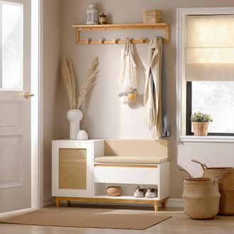 SoBuy Entrance Bench with Storage - Cane-Effect Door Scandi in White | Size: 0.6m2