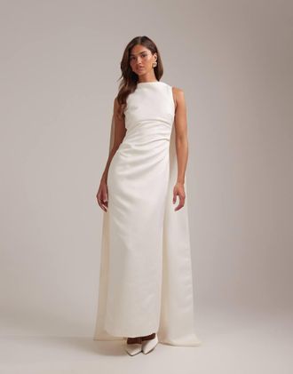 Asos Vestito da sposa lungo accollato color avorio con strascico-Bianco