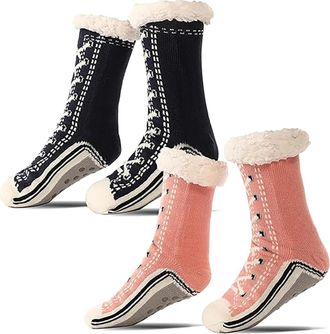 Generic Ultra-Thick Cashmere Slipper Socks for Women, Home Non-slip Soft Cozy Fleece, Winter Warm Fluffy Christmas Sock with Grippers (2pcs-d)