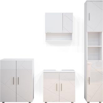 Vicco Conjunto De Muebles De Ba&ntilde;o Irma, Blanco Alto Brillo, 4 Piezas, Con Armario Alto Y Cajonera