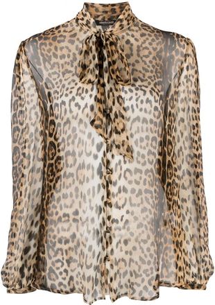 Roberto Cavalli leopard-print sheer pussybow blouse - women - Silk - 38 - Neutrals