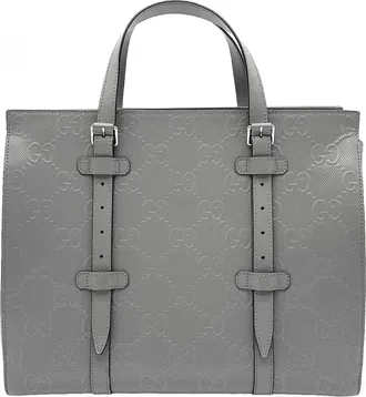 Gucci Gray Leather Canvas Gg Canvas Handbag Tote Bag (Pre-Owned)