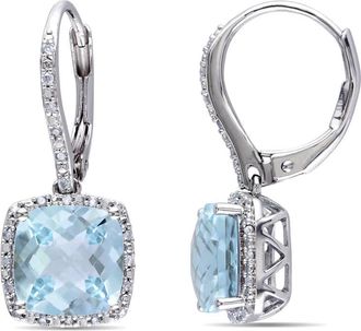 Amour 8 1/2 CT TGW Blue Topaz and 1/5 CT TW Diamond Leverback Halo Earrings In Sterling Silver