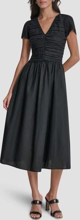 DKNY Ruched Bodice Linen Blend Midi Dress in Black at Nordstrom, Size X-Large