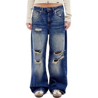BDG Jaya Distressed Low Rise Wide Leg Jeans in Dark Vintage Blue at Nordstrom Rack, Size 24 X 32