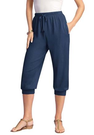 Roaman's Plus Size Soft Knit Capri Pant With Drawstring Waist in Navy at Nordstrom, Size Medium