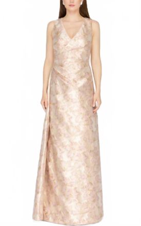 JS Collections Deborah Faux Wrap Gown In Gold/blush