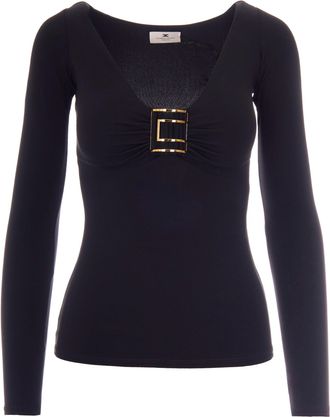 Elisabetta Franchi Long-Sleeved Fitted Jersey Top With Gold Logo Detail