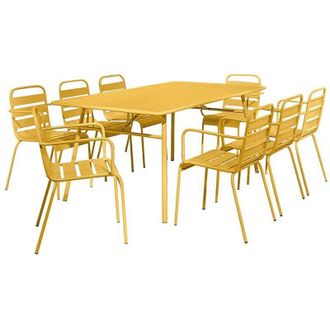 Vente-Unique Sala da pranzo da giardino un tavolo L.200 cm e 8 poltrone impilabili in Metallo Giallo senape - MIRMANDE di MYLIA