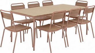 Oviala Conjunto de mesa de jard&iacute;n de metal y polywood y 8 sillas color moka