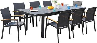 Vente-Unique Mesa y sillas de jard&iacute;n de aluminio: una mesa extensible 180/240 cm y 8 sillones apilables - Antracita - NAURU