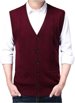 Generic Mens Sleeveless Jumpers Knitted Gilets with Buttons and Pockets Knitted Waistcoats Plain Sweater Vests Sleeveless Cardigan Ribbed Knitwear Gentleman V