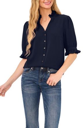 CeCe by Cynthia Steffe V-Neck Button-Up Shirt in Classic Navy at Nordstrom, Size Large