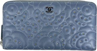 Chanel Camellia Blue Leather Rhinestone Long Wallet (Bi-Fold) (Pre-Owned)