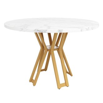 Urban Meuble Mesa de comedor redonda con efecto m&aacute;rmol blanco y patas doradas