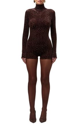 Naked Wardrobe Burnout Mock Neck Long Sleeve Romper in Leopard Dark Chocolate at Nordstrom, Size X-Large