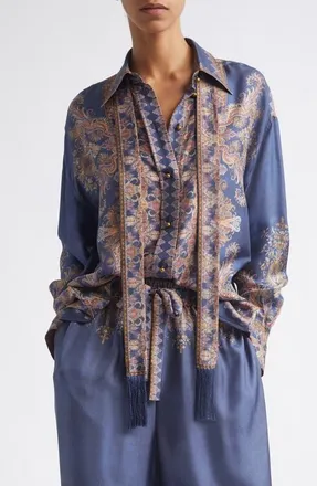 Zimmermann Valiant Paisley Print Tie Neck Silk Button-Up Shirt in Navy Paisley at Nordstrom, Size 3