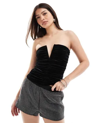 4th & Reckless velvet bandeau notch detail corset top in black