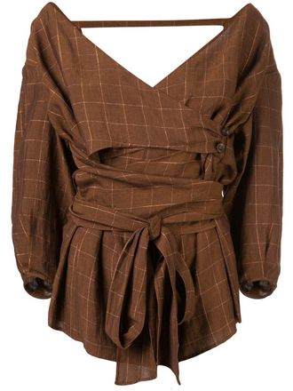 Muller Of Yoshiokubo Lattice cache-coeur blouse - women - Polyester/Nylon/Linen/Flax/Rayon - 7 - Brown