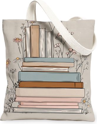 Generic Floral Stack Canvas Tote Bags, Vintage Book Pattern Reusable Grocery Bags, Spring Lightweight Washable Shoulder Strap, Beige, 13x15 Inch