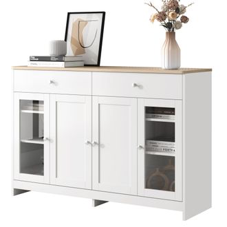 STILVORA Aparador Y Alacena Con 4 Puertas 1 Con Cristal, 2 Cajones Y Estantes Ajustables, Estilo R&uacute;stico, En Mdf, 120&times;37&times;80 Cm, Blanco