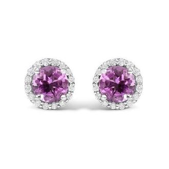 House of Brilliance 10K Gold Gemstone and 1/6 Cttw Diamond Halo Stud Earring in White | Purple Amethyst at Nordstrom