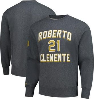 Mitchell & Ness Mens Mitchell & Ness Roberto Clemente Heather Charcoal Pittsburgh Pirates Legends Collection Vintage Logo Name & Number Fleece Pullover Sweatshirt