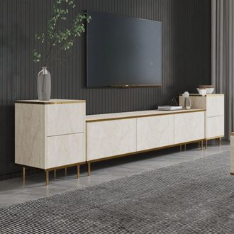 Dmora Mueble Para Tv Cortin, 2 Estantes, Apertura Abatible, 5 Puertas, 260x35x45h Cm Beige M&aacute;rmol