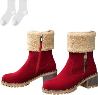 Generic Womens Winter Boots with Warm Fleece Collar, Lined Mid-Calf Suede Boots with Side Zipper And Block Heel, Non-Slip Comfortable Boots for Autumn & Winte